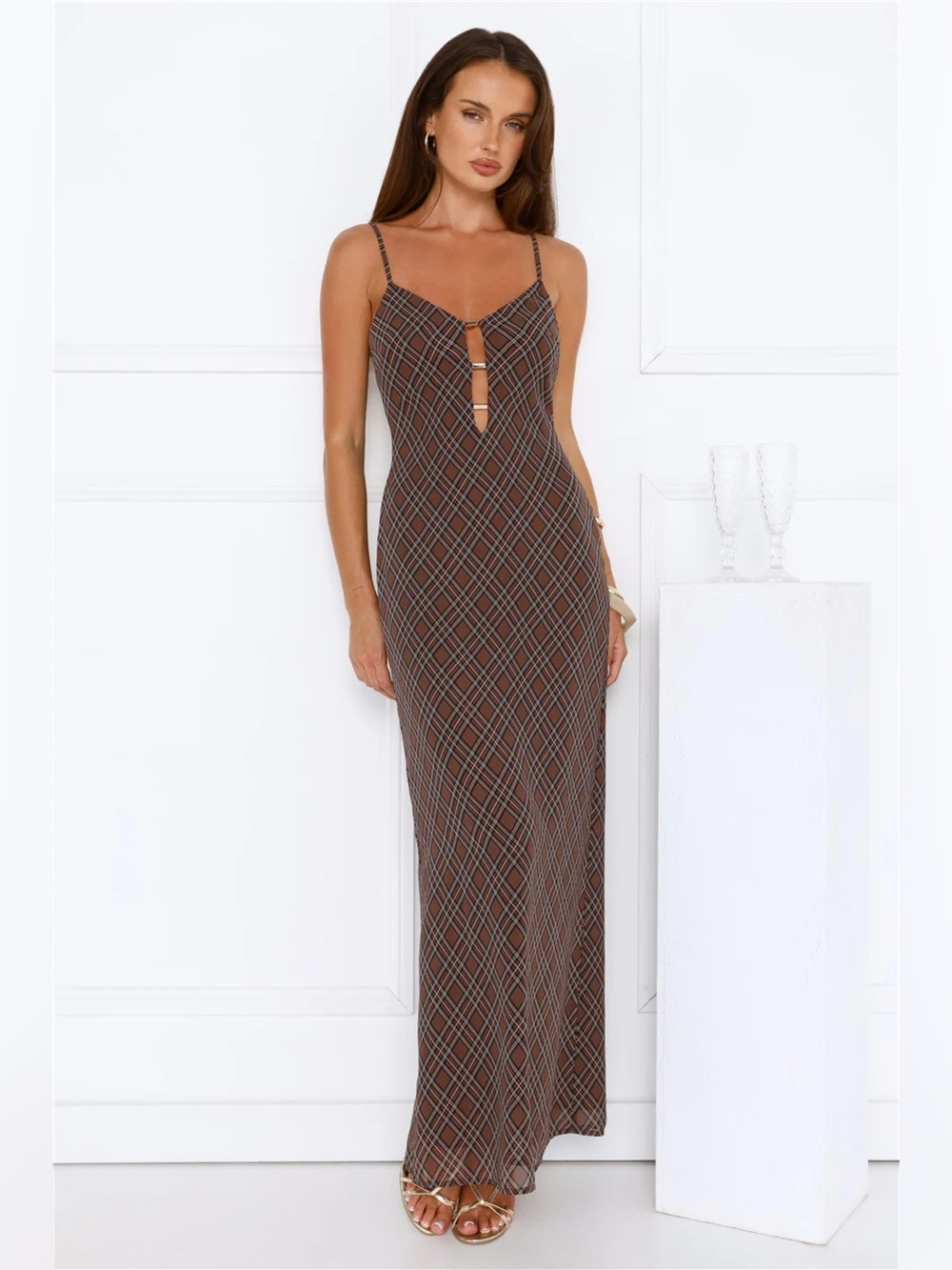 Hello Molly Riviera Nights Maxi Dress Chocolate Brown Plaid Maxi Dress
